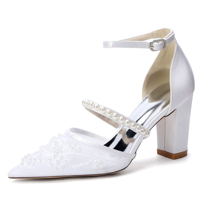 Women's Silk Satin With Lace Closed Toe Ankle Strap Chunky Heel Evening Shoes With Pearl