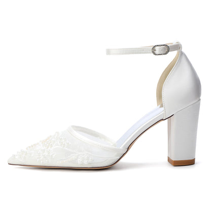 Women's Silk Satin With Lace Closed Toe Ankle Strap Chunky Heel Evening Shoes