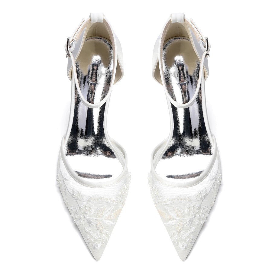 Women's Silk Satin With Lace Closed Toe Ankle Strap Chunky Heel Evening Shoes