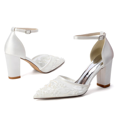 Women's Silk Satin With Lace Closed Toe Ankle Strap Chunky Heel Evening Shoes