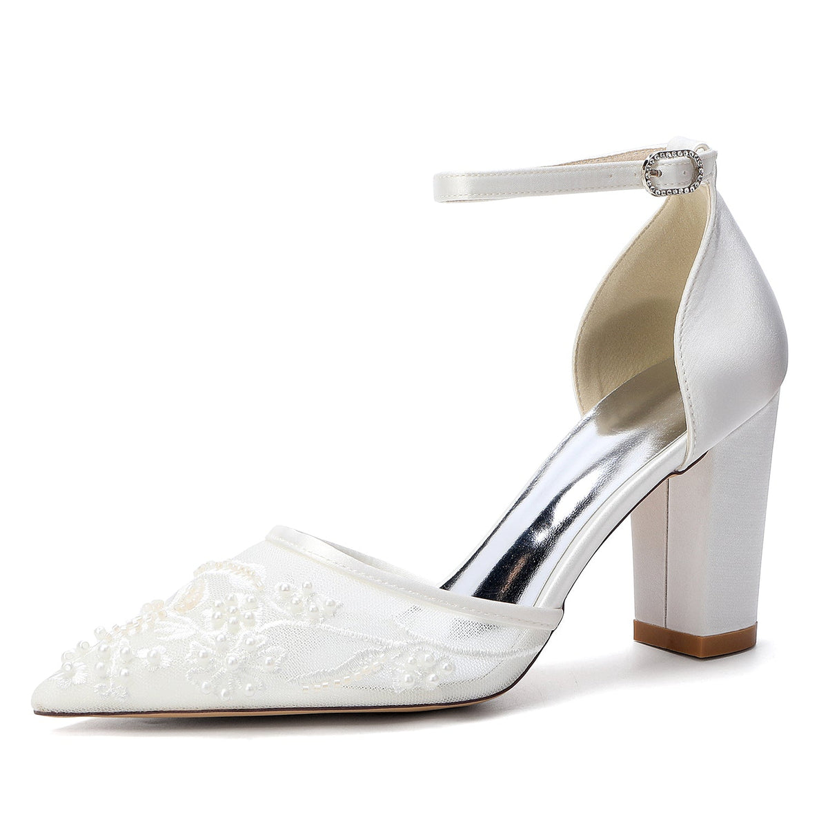Women's Silk Satin With Lace Closed Toe Ankle Strap Chunky Heel Evening Shoes