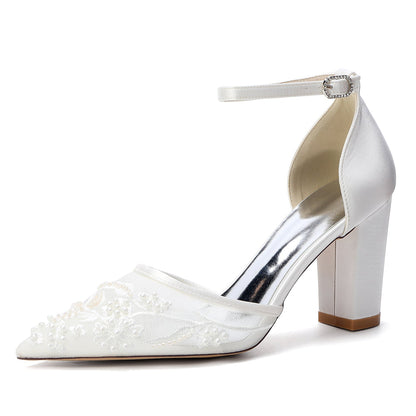 Women's Silk Satin With Lace Closed Toe Ankle Strap Chunky Heel Evening Shoes