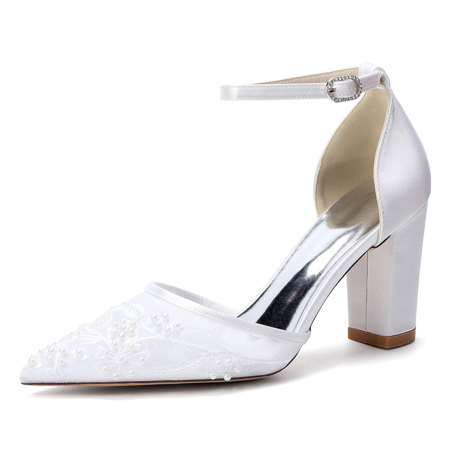 Women's Silk Satin With Lace Closed Toe Ankle Strap Chunky Heel Evening Shoes
