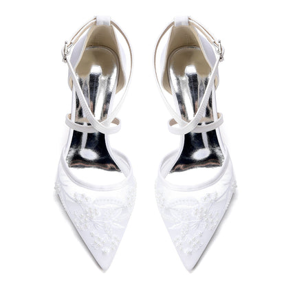 Women's Lace Silk Satin With Closed Toe Ankle Strap Chunky Heel Evening Shoes
