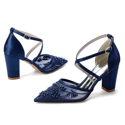 Women's Lace Silk Satin With Closed Toe Ankle Strap Chunky Heel Evening Shoes