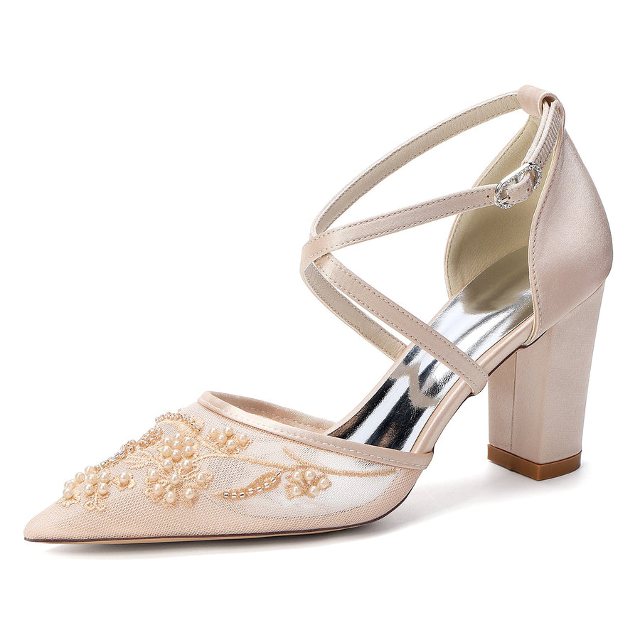 Women's Lace Silk Satin With Closed Toe Ankle Strap Chunky Heel Evening Shoes