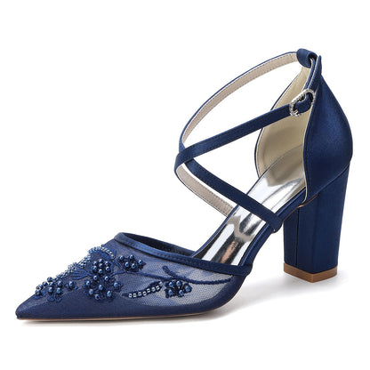 Women's Lace Silk Satin With Closed Toe Ankle Strap Chunky Heel Evening Shoes