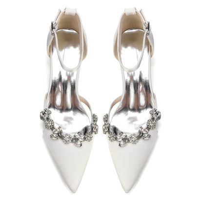 Women's Silk Satin With Closed Toe Ankle Strap Chunky Heel Evening Shoes With Rhinestone