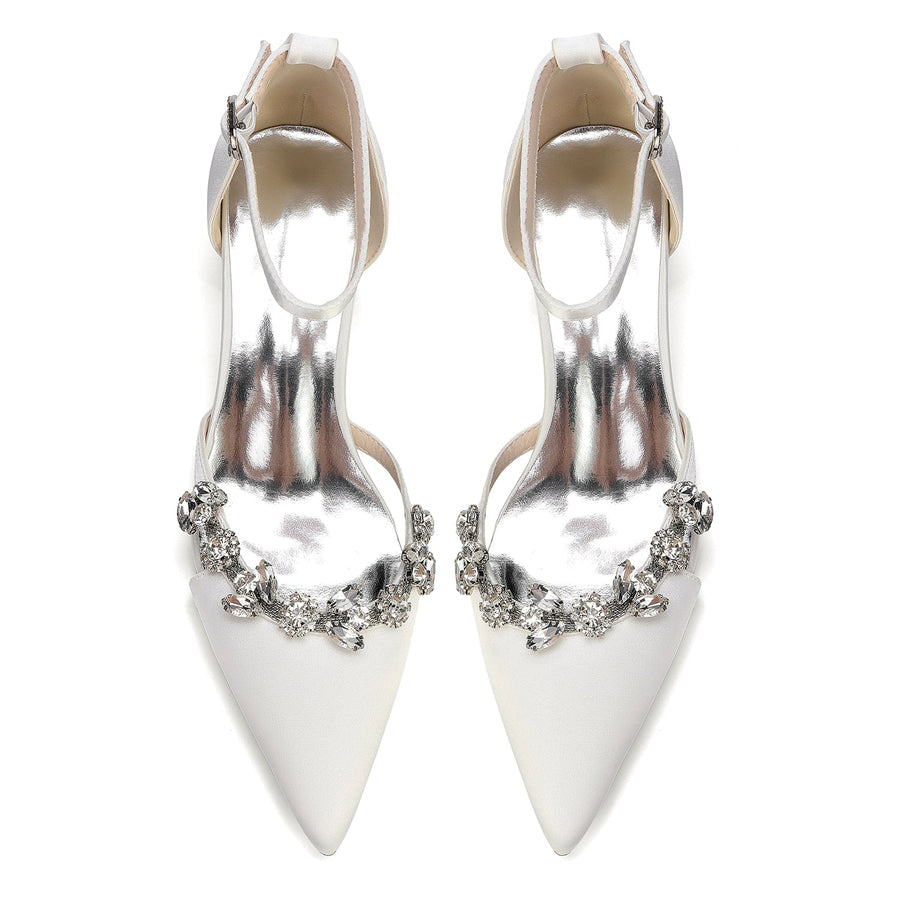 Women's Silk Satin With Closed Toe Ankle Strap Chunky Heel Evening Shoes With Rhinestone