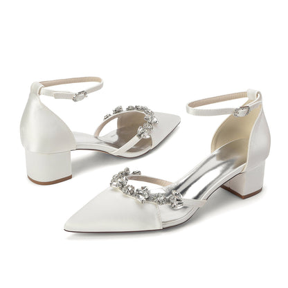 Women's Silk Satin With Closed Toe Ankle Strap Chunky Heel Evening Shoes With Rhinestone