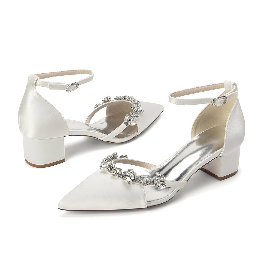 Women's Silk Satin With Closed Toe Ankle Strap Chunky Heel Evening Shoes With Rhinestone