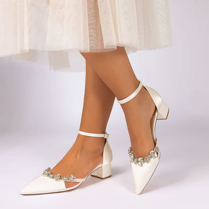 Women's Silk Satin With Closed Toe Ankle Strap Chunky Heel Evening Shoes With Rhinestone