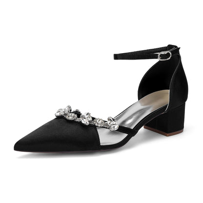 Women's Silk Satin With Closed Toe Ankle Strap Chunky Heel Evening Shoes With Rhinestone