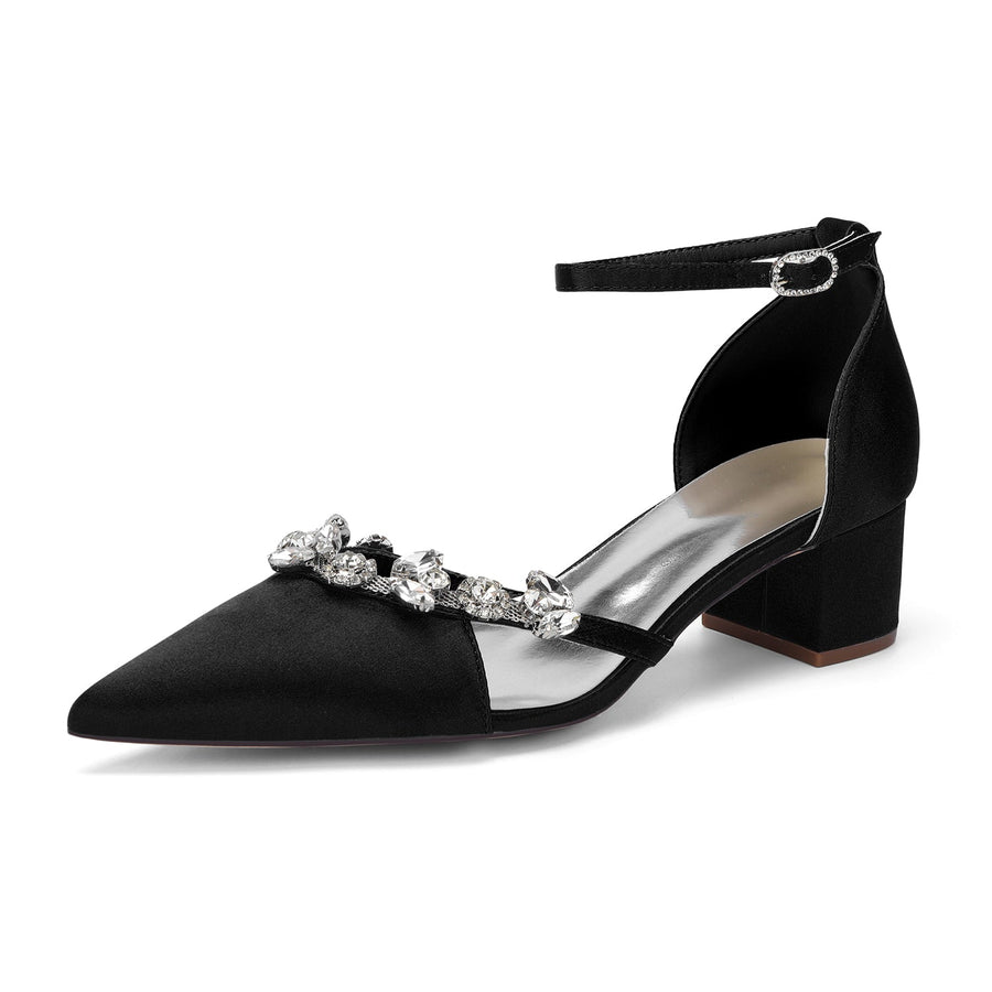 Women's Silk Satin With Closed Toe Ankle Strap Chunky Heel Evening Shoes With Rhinestone