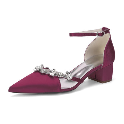 Women's Silk Satin With Closed Toe Ankle Strap Chunky Heel Evening Shoes With Rhinestone