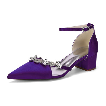Women's Silk Satin With Closed Toe Ankle Strap Chunky Heel Evening Shoes With Rhinestone