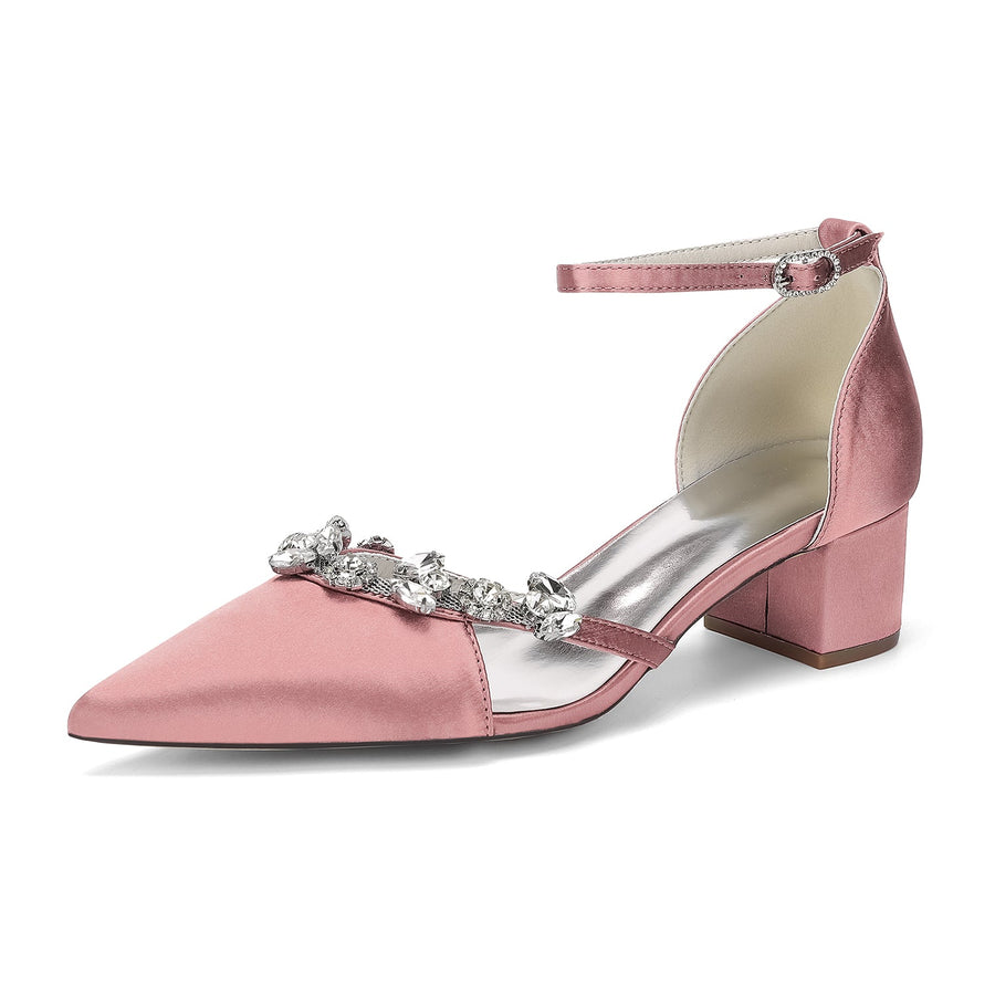 Women's Silk Satin With Closed Toe Ankle Strap Chunky Heel Evening Shoes With Rhinestone