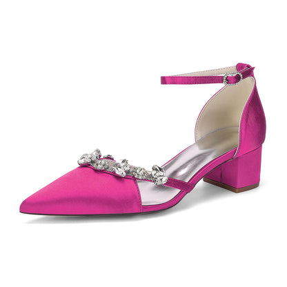 Women's Silk Satin With Closed Toe Ankle Strap Chunky Heel Evening Shoes With Rhinestone