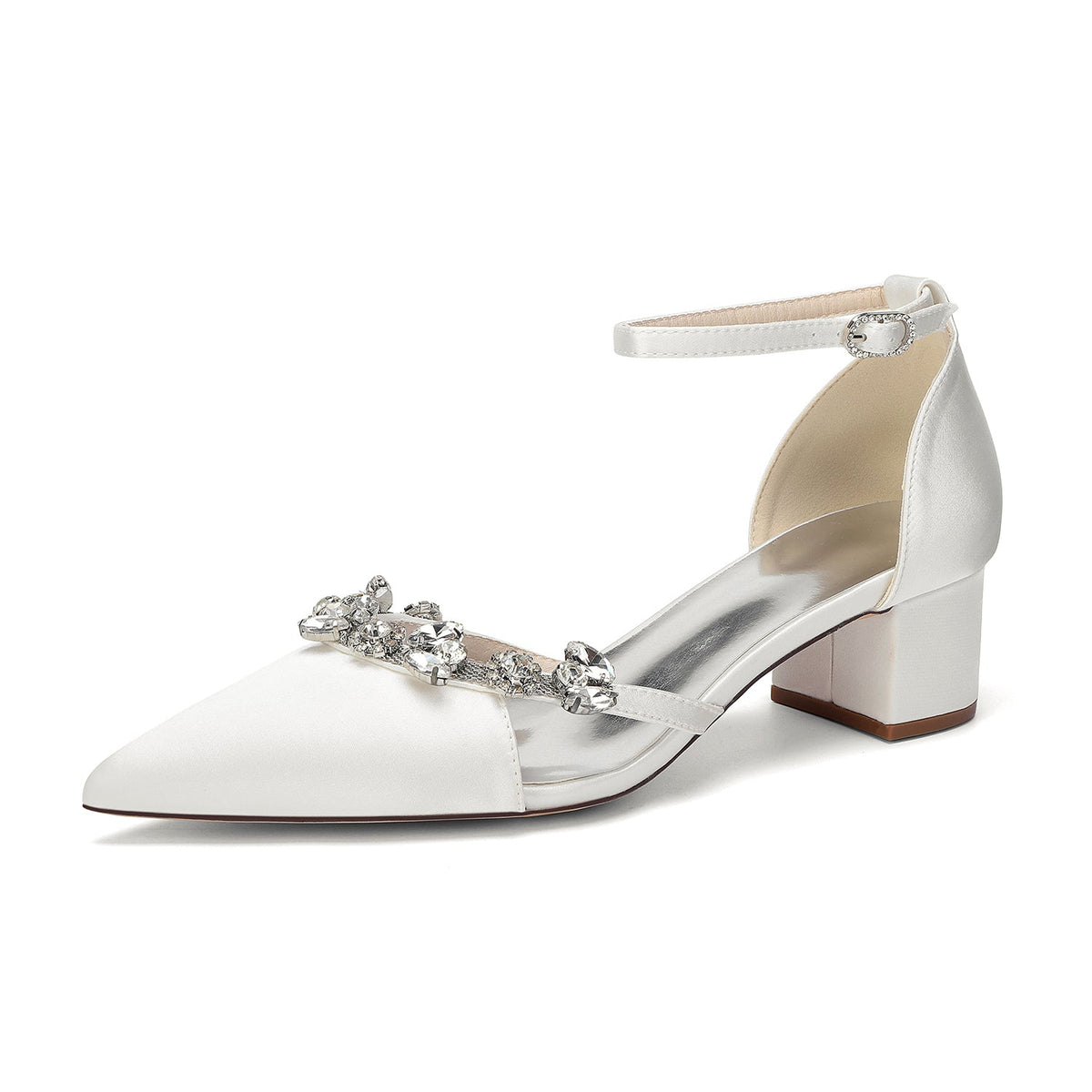 Women's Silk Satin With Closed Toe Ankle Strap Chunky Heel Evening Shoes With Rhinestone