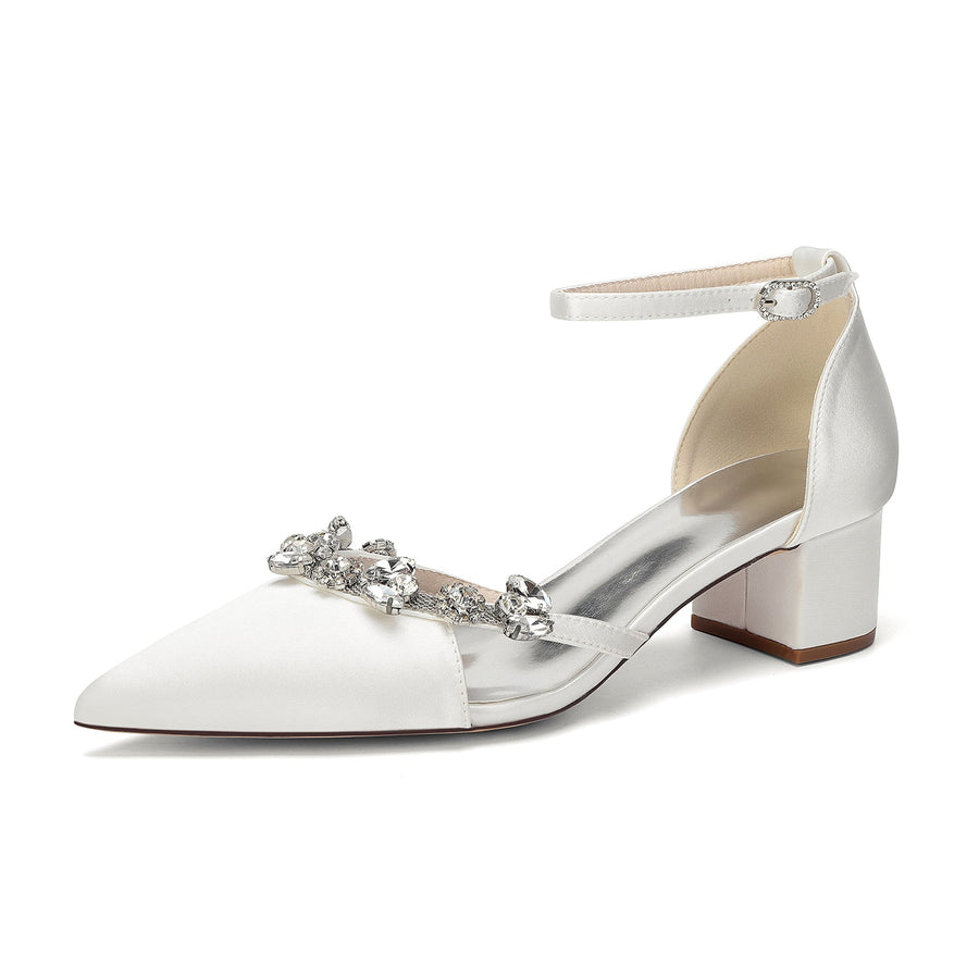 Women's Silk Satin With Closed Toe Ankle Strap Chunky Heel Evening Shoes With Rhinestone
