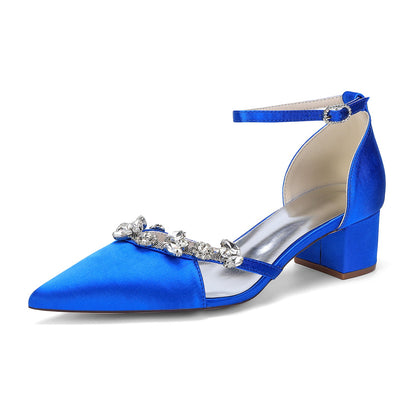 Women's Silk Satin With Closed Toe Ankle Strap Chunky Heel Evening Shoes With Rhinestone