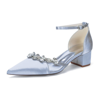Women's Silk Satin With Closed Toe Ankle Strap Chunky Heel Evening Shoes With Rhinestone