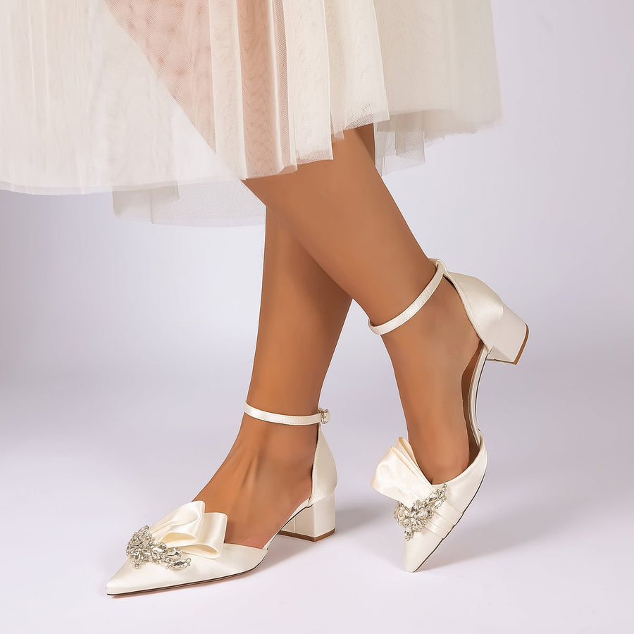 Women's Silk Satin With Closed Toe Ankle Strap Chunky Heel Evening Shoes With Bowknot & Rhinestone