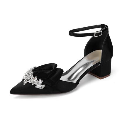 Women's Silk Satin With Closed Toe Ankle Strap Chunky Heel Evening Shoes With Bowknot & Rhinestone