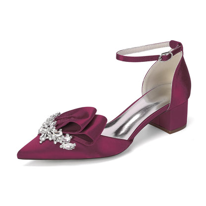 Women's Silk Satin With Closed Toe Ankle Strap Chunky Heel Evening Shoes With Bowknot & Rhinestone