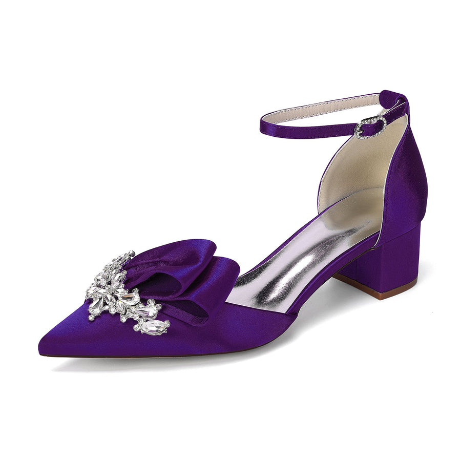 Women's Silk Satin With Closed Toe Ankle Strap Chunky Heel Evening Shoes With Bowknot & Rhinestone