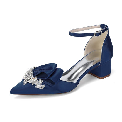 Women's Silk Satin With Closed Toe Ankle Strap Chunky Heel Evening Shoes With Bowknot & Rhinestone