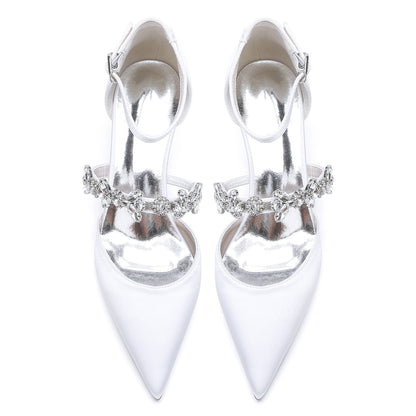 Women's  Silk Satin With Closed Toe Ankle Strap Chunky Heel Evening Shoes With Rhinestone