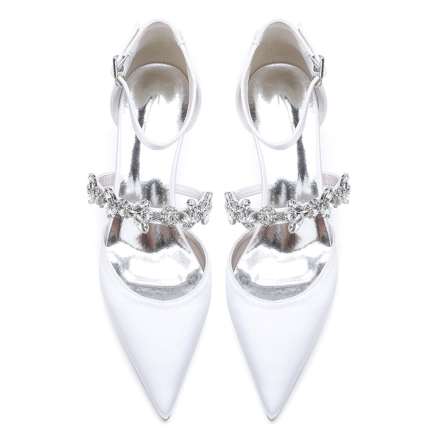 Women's  Silk Satin With Closed Toe Ankle Strap Chunky Heel Evening Shoes With Rhinestone