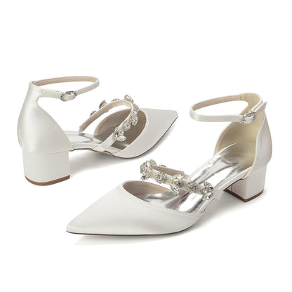 Women's  Silk Satin With Closed Toe Ankle Strap Chunky Heel Evening Shoes With Rhinestone