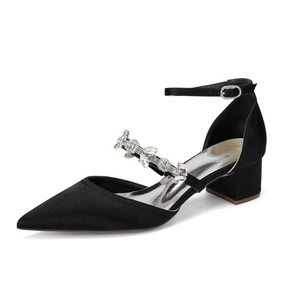Women's  Silk Satin With Closed Toe Ankle Strap Chunky Heel Evening Shoes With Rhinestone