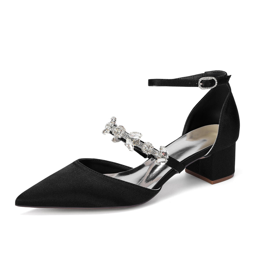Women's  Silk Satin With Closed Toe Ankle Strap Chunky Heel Evening Shoes With Rhinestone