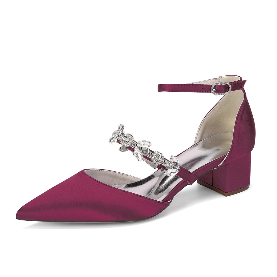 Women's  Silk Satin With Closed Toe Ankle Strap Chunky Heel Evening Shoes With Rhinestone