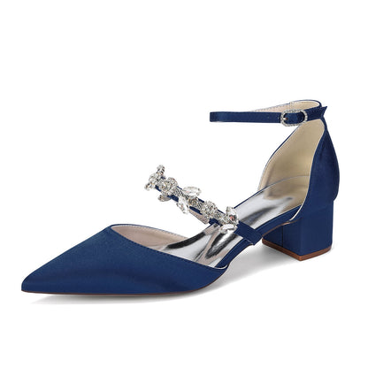Women's  Silk Satin With Closed Toe Ankle Strap Chunky Heel Evening Shoes With Rhinestone