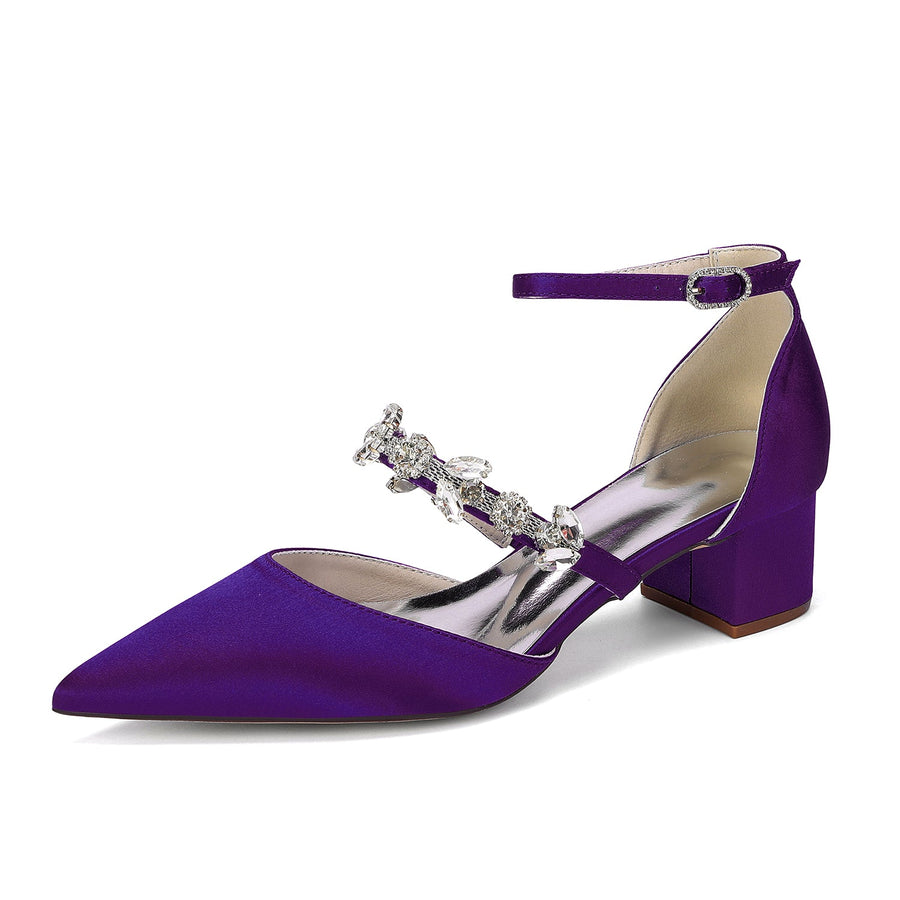Women's  Silk Satin With Closed Toe Ankle Strap Chunky Heel Evening Shoes With Rhinestone