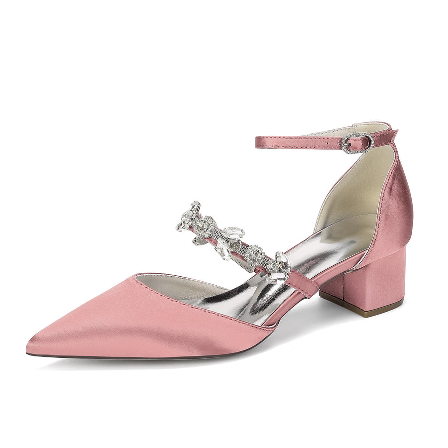 Women's  Silk Satin With Closed Toe Ankle Strap Chunky Heel Evening Shoes With Rhinestone