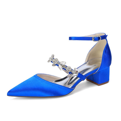 Women's  Silk Satin With Closed Toe Ankle Strap Chunky Heel Evening Shoes With Rhinestone