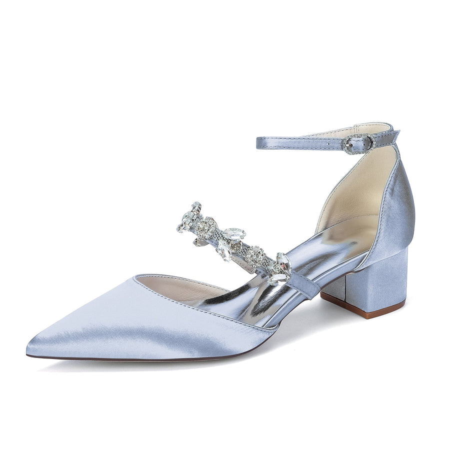Women's  Silk Satin With Closed Toe Ankle Strap Chunky Heel Evening Shoes With Rhinestone