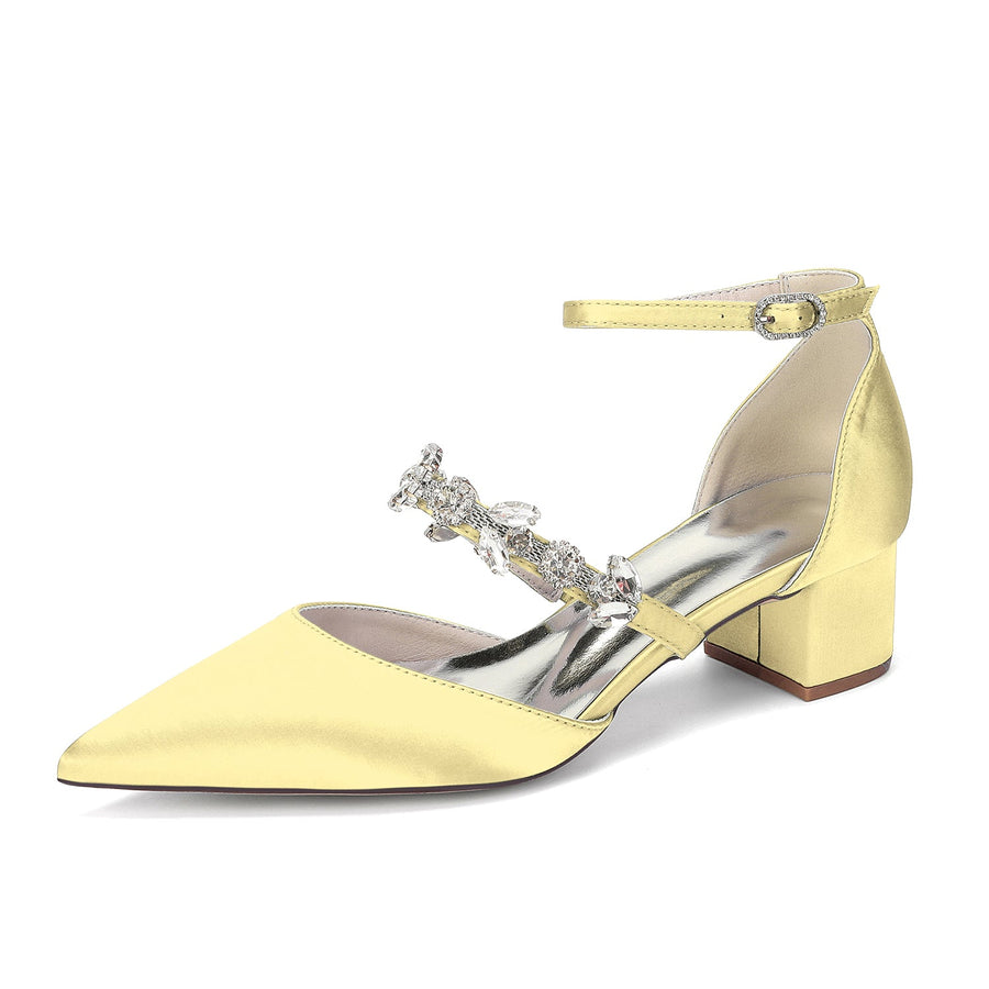 Women's  Silk Satin With Closed Toe Ankle Strap Chunky Heel Evening Shoes With Rhinestone
