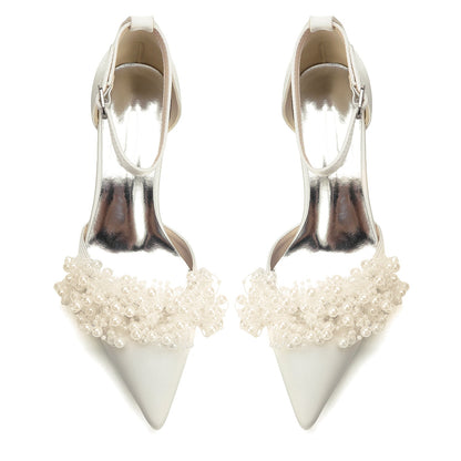 Women's Silk Satin With Closed Toe Ankle Strap Chunky Heel Evening Shoes With Beading