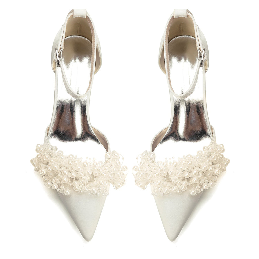 Women's Silk Satin With Closed Toe Ankle Strap Chunky Heel Evening Shoes With Beading