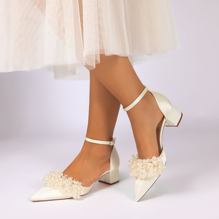 Women's Silk Satin With Closed Toe Ankle Strap Chunky Heel Evening Shoes With Beading
