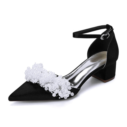 Women's Silk Satin With Closed Toe Ankle Strap Chunky Heel Evening Shoes With Beading