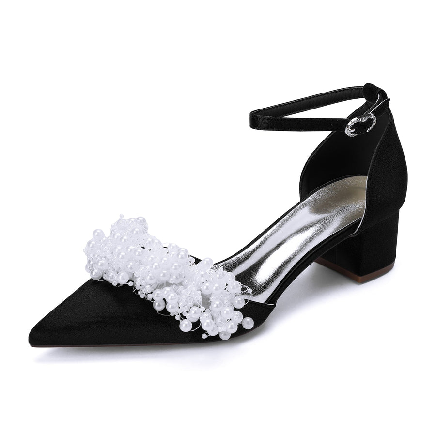 Women's Silk Satin With Closed Toe Ankle Strap Chunky Heel Evening Shoes With Beading