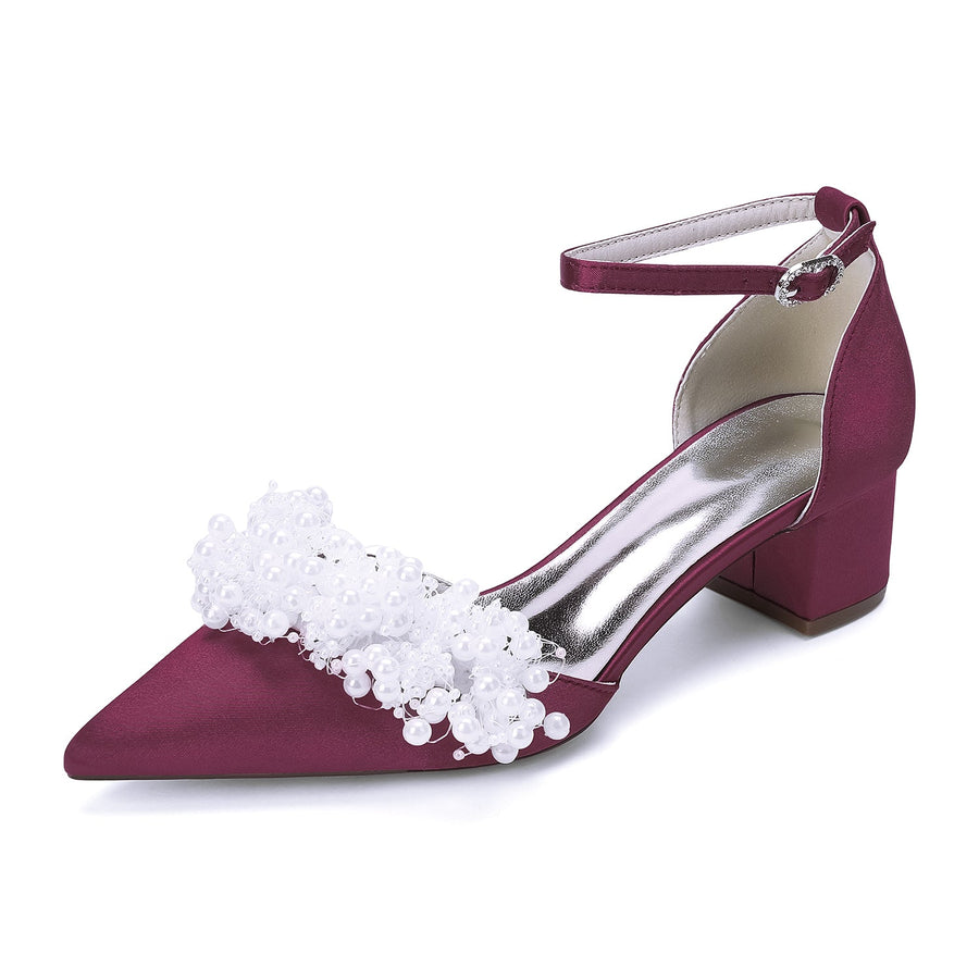 Women's Silk Satin With Closed Toe Ankle Strap Chunky Heel Evening Shoes With Beading