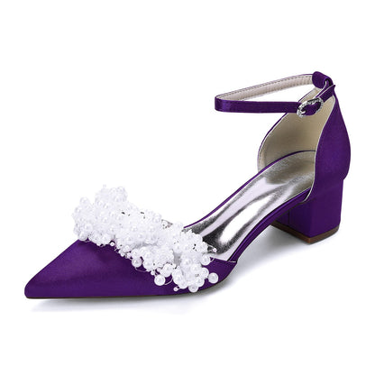 Women's Silk Satin With Closed Toe Ankle Strap Chunky Heel Evening Shoes With Beading